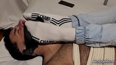 Tonny finds Duratto roommate bound and gagged and instead of letting him free he decides to kiss and Thumb