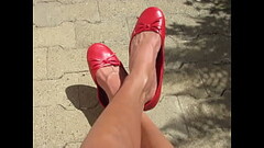 Isabelle-Sandrine wears red ballet flats - hot summer day outdoor shoeplay part 1 Thumb