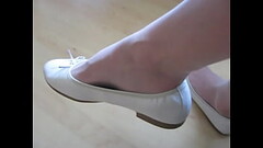 white Tamaris leather ballet flats and white nylons, shoeplay and dangling by Isabelle-Sandrine Thumb