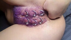 Purple Colored Hairy Pierced Pussy Get Anal Fisting Squirt Thumb