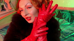 red gloves fetish tease and seduce video - leather and fur ASMR clip with hot sounding Thumb