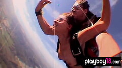 Badass asian babe Akira Hix and her busty GFs trying naked skydiving Thumb