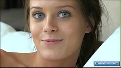 Beautiful natural big tit amateur Lana with sexy blue eyes talks about her sex live fully naked Thumb