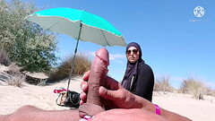 I shocked this muslim by pulling my cock out on the public beach, OMG her husband will be here soon Thumb