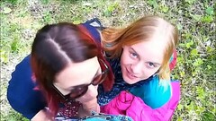 Two girls made a passionate Blowjob to a guy in the Park Thumb