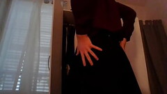 Young amateur cross dresser secretary teasing in sexy blouse and cute black skirt back from the offi Thumb